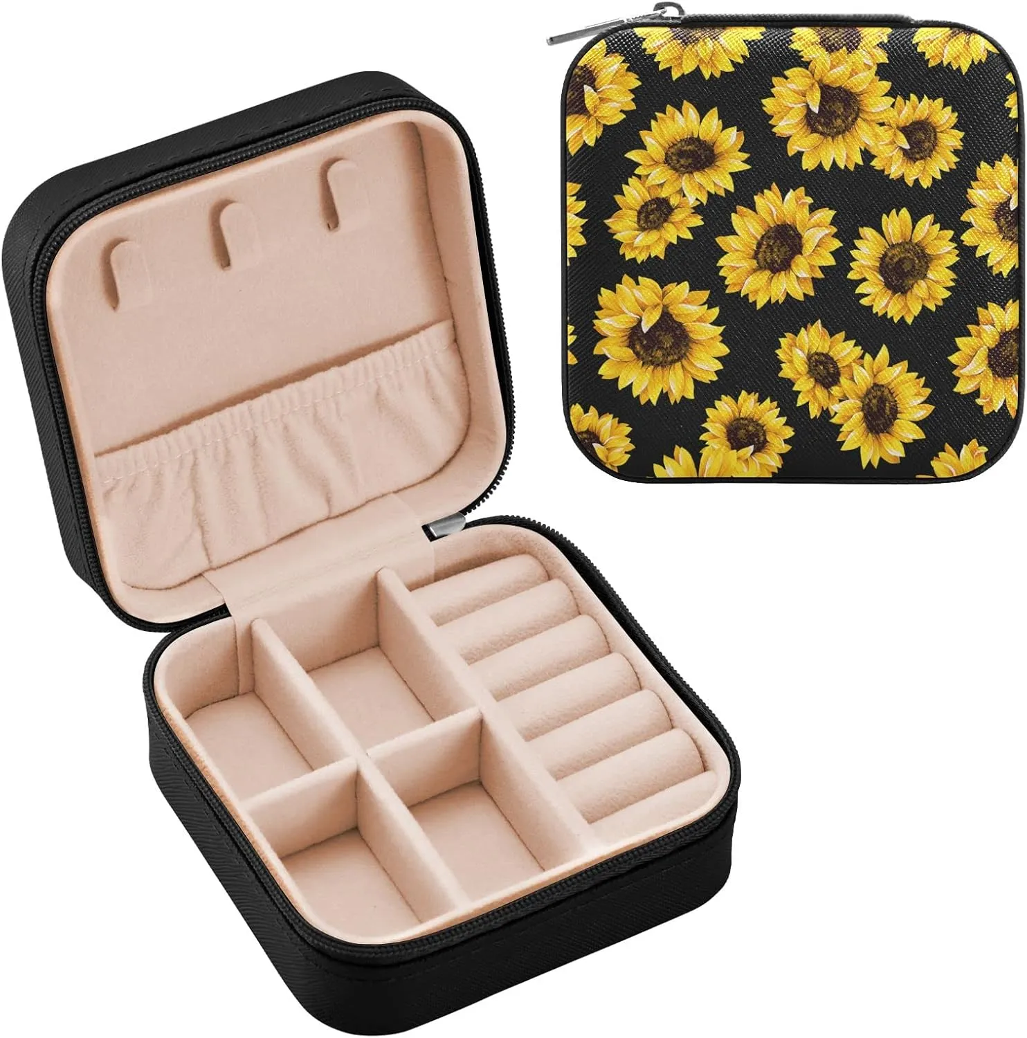 Emelivor Sunflowers Travel Jewelry Case PU Leather Portable Jewelry Box Jewelry Travel Organizer Small Jewelry Box for Ring Necklace Bracelet Earring Gifts Display Box Holder for Women Girls
