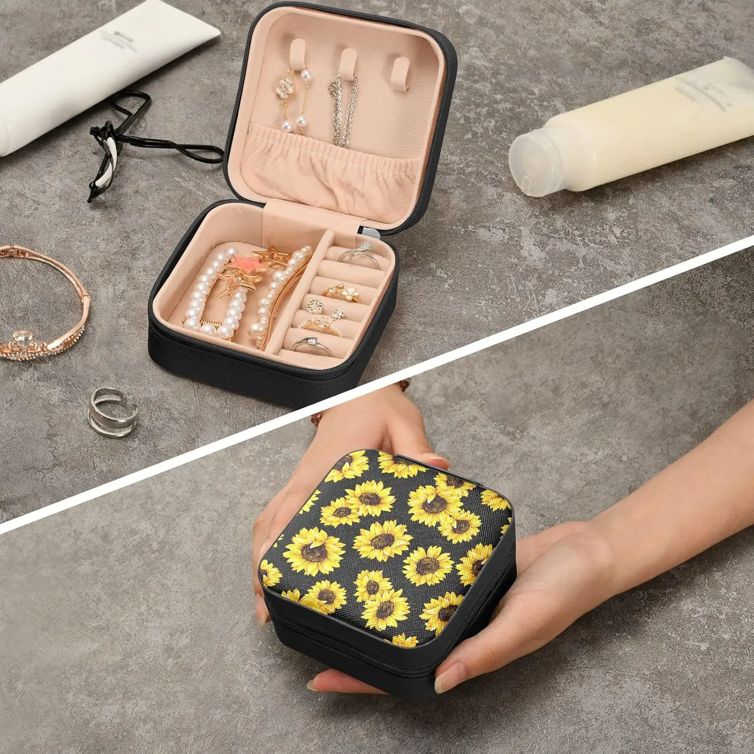Emelivor Sunflowers Travel Jewelry Case PU Leather Portable Jewelry Box Jewelry Travel Organizer Small Jewelry Box for Ring Necklace Bracelet Earring Gifts Display Box Holder for Women Girls