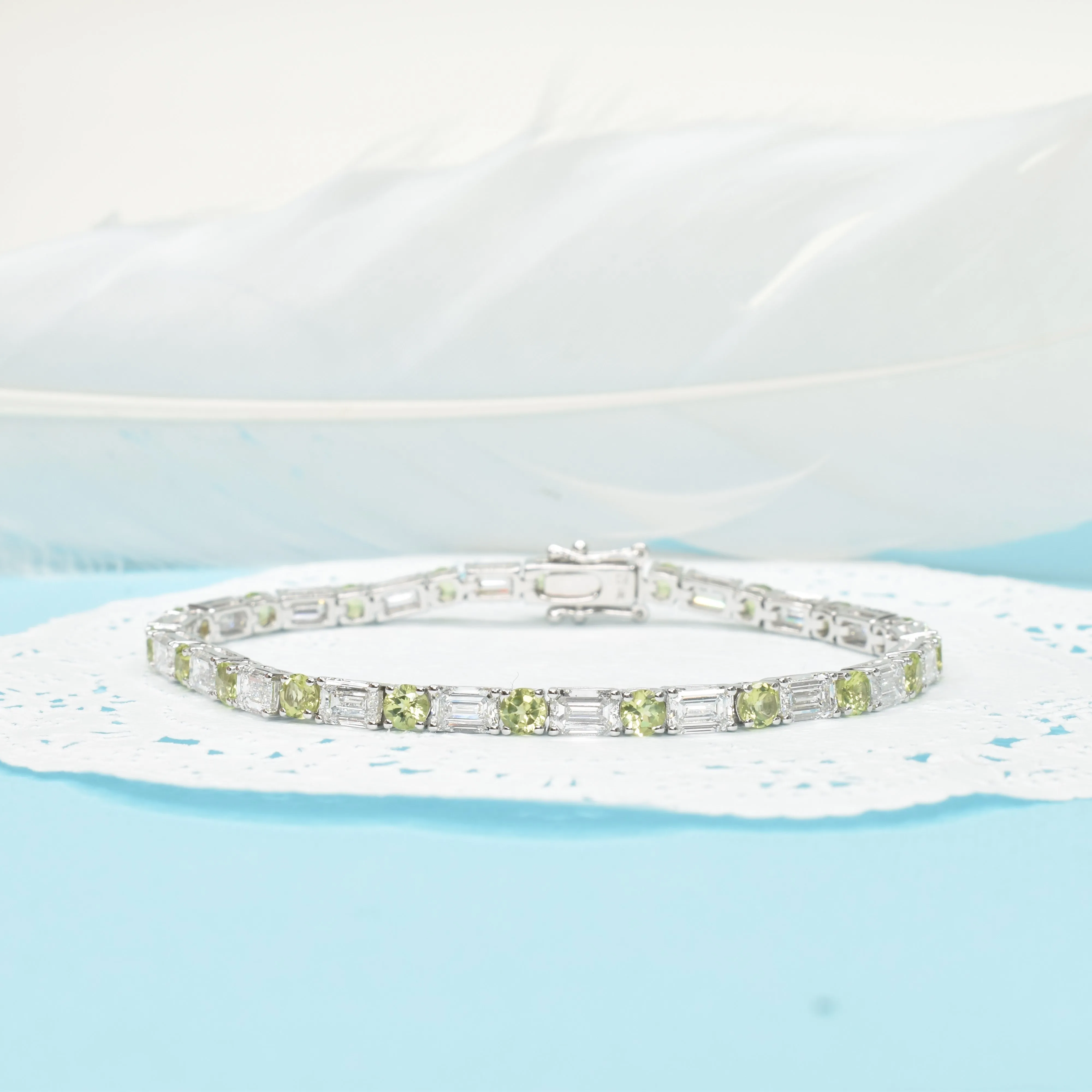 Emerald Cut Diamond and Round Peridot Bracelet