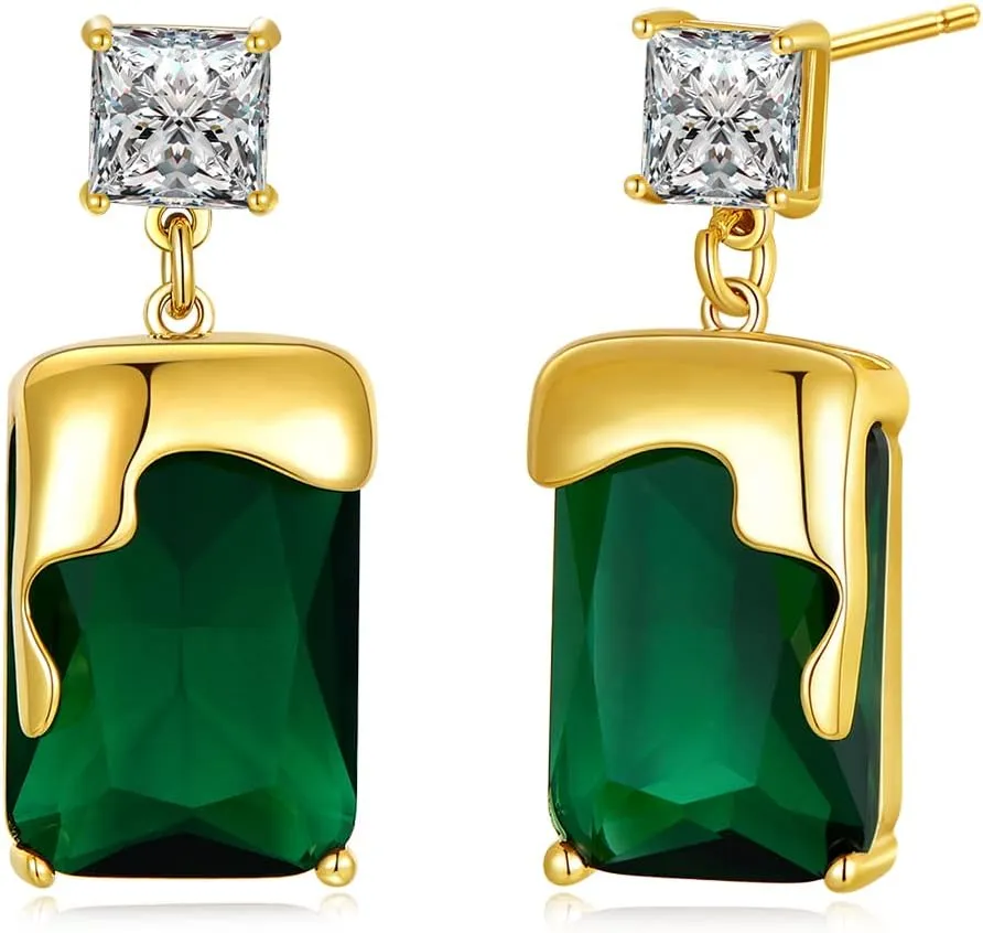 Emerald Earrings with Gold Melting Shape Elegant Solitaire Cubic Zirconia Green Earrings for Women Dangle