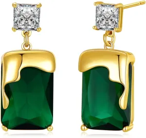 Emerald Earrings with Gold Melting Shape Elegant Solitaire Cubic Zirconia Green Earrings for Women Dangle