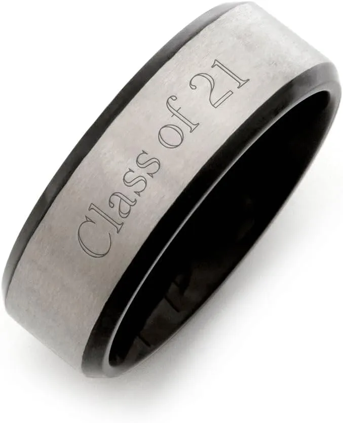 Engravable Brushed Silver and Black Tungsten Men's Graduation Class Ring (ring sizes 9 to 13) - Personalized Class Ring for Men -Custom Engraved Men's Rings - Graduation Gift for Him - Gifts for Dad