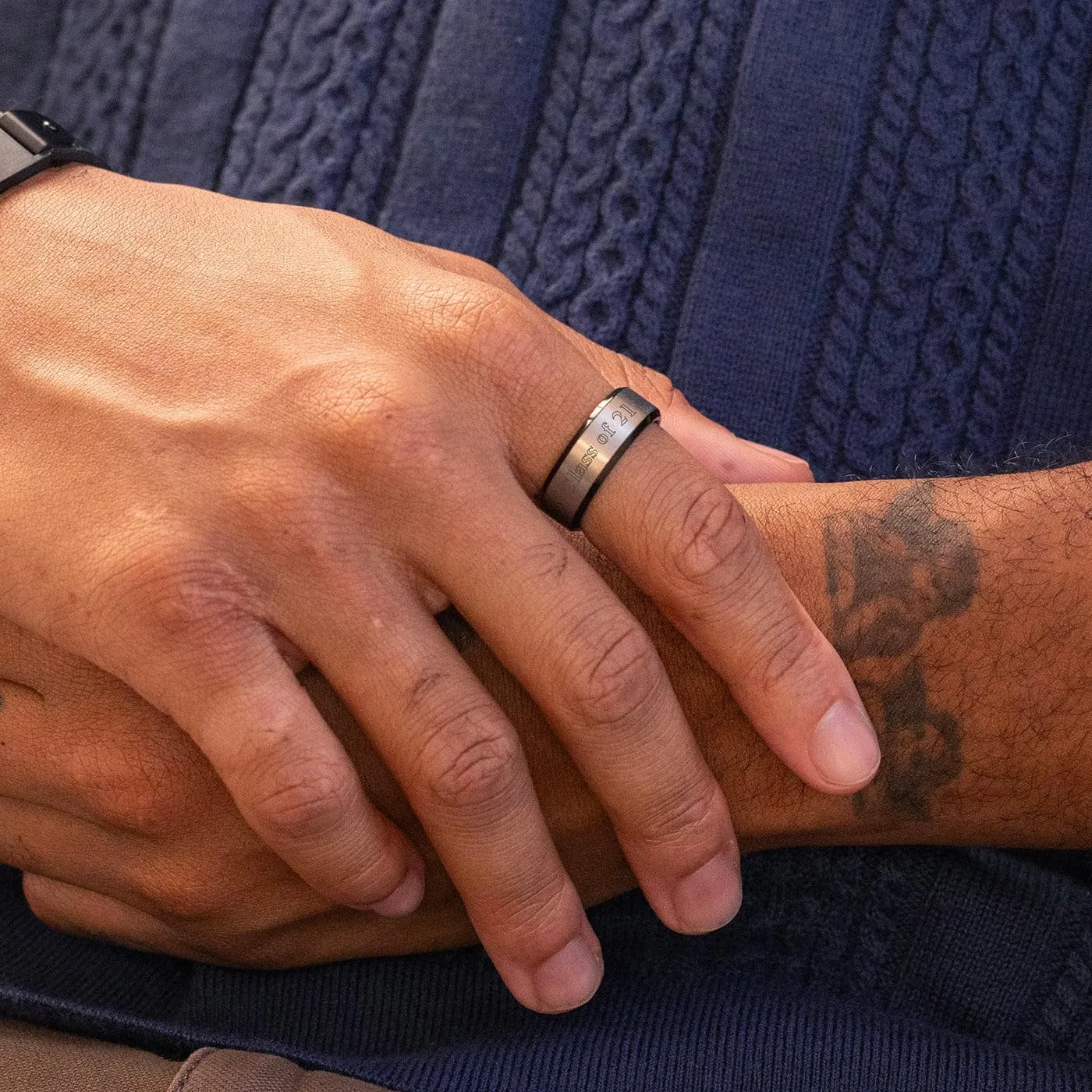 Engravable Brushed Silver and Black Tungsten Men's Graduation Class Ring (ring sizes 9 to 13) - Personalized Class Ring for Men -Custom Engraved Men's Rings - Graduation Gift for Him - Gifts for Dad