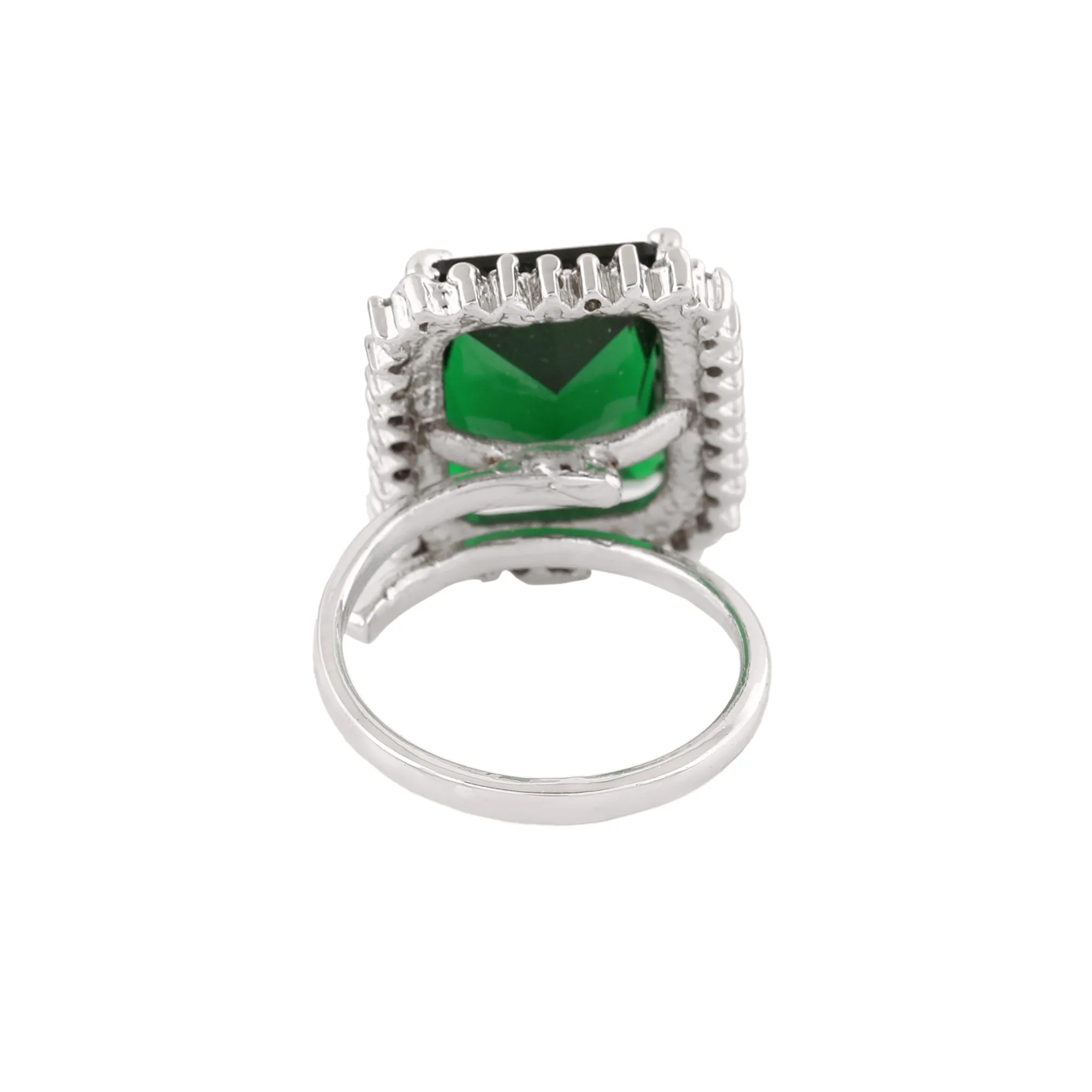 Estele Rhodium Plated CZ Radiant Emerald/ Green Finger Ring for Women(Adjustable)