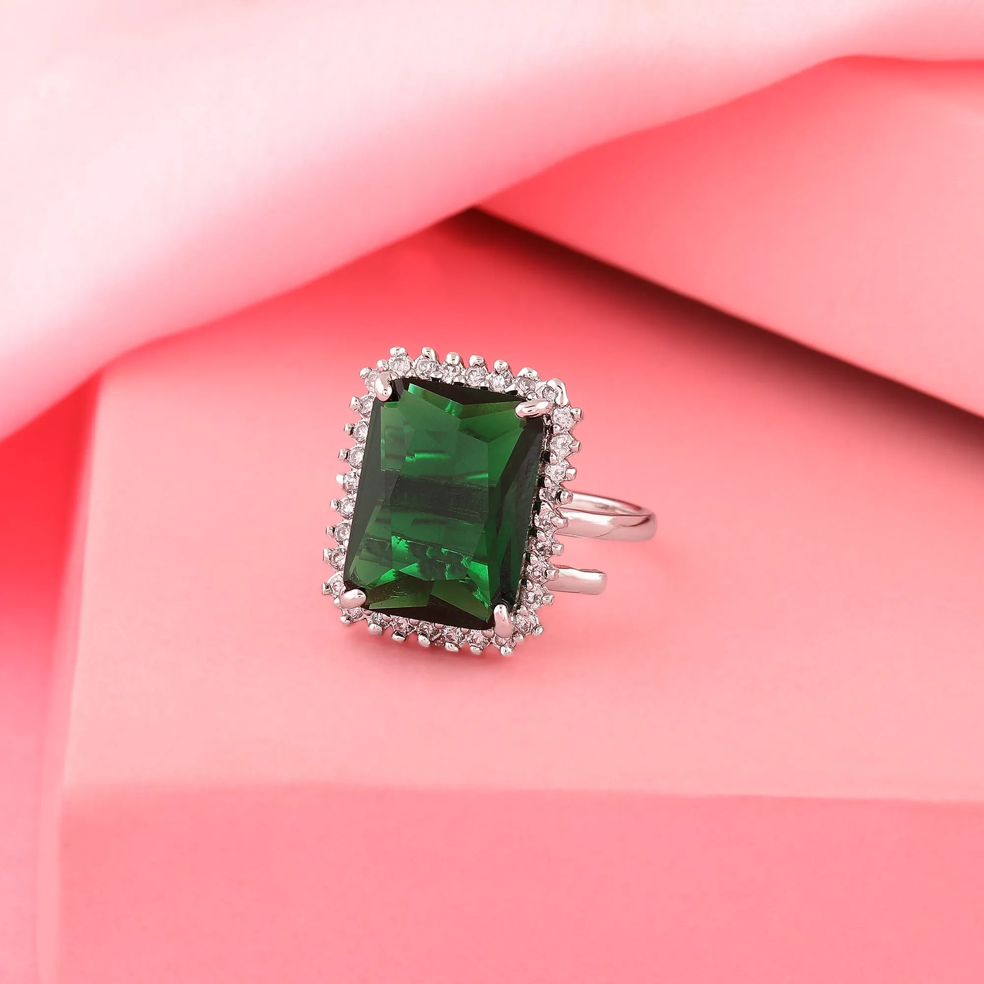 Estele Rhodium Plated CZ Radiant Emerald/ Green Finger Ring for Women(Adjustable)