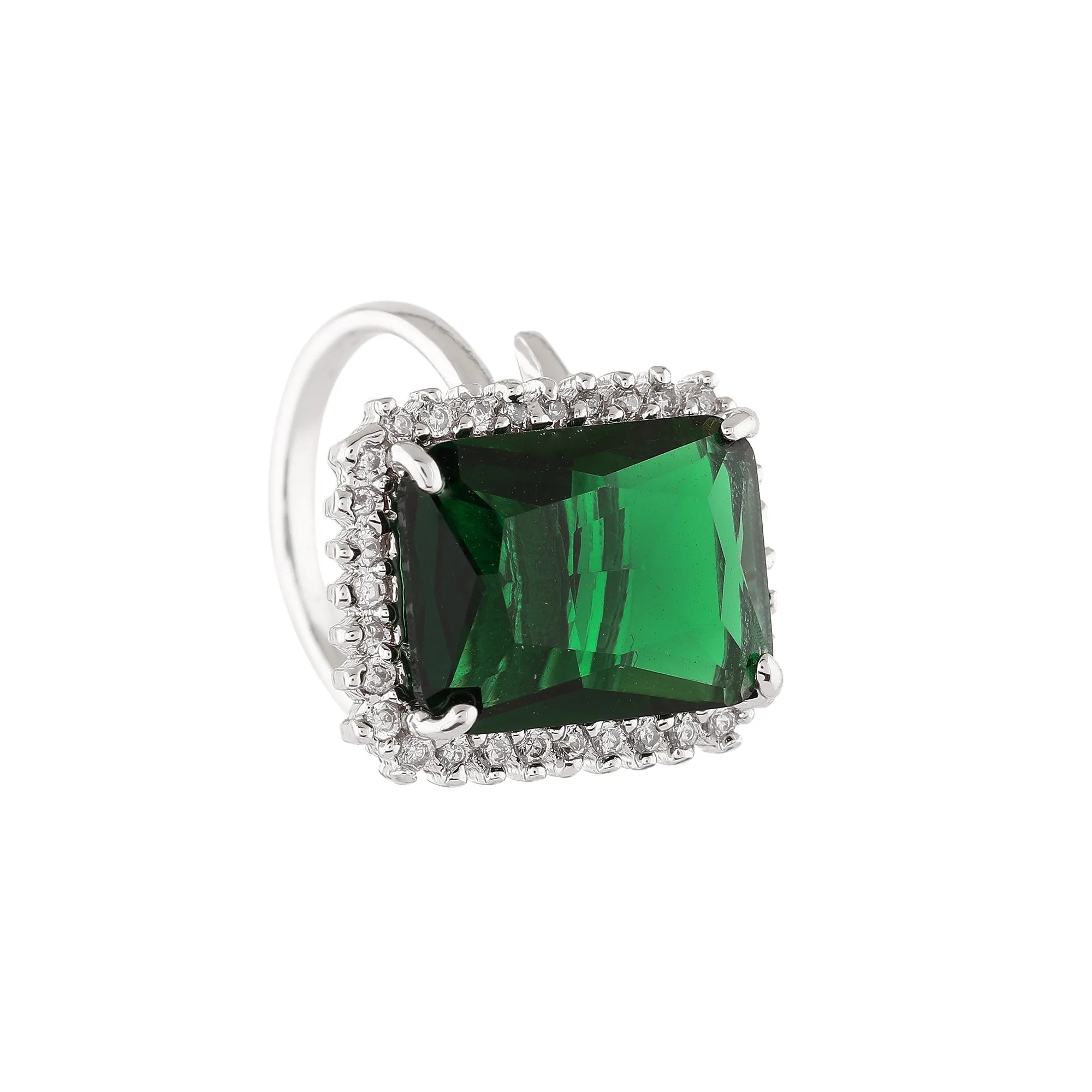 Estele Rhodium Plated CZ Radiant Emerald/ Green Finger Ring for Women(Adjustable)
