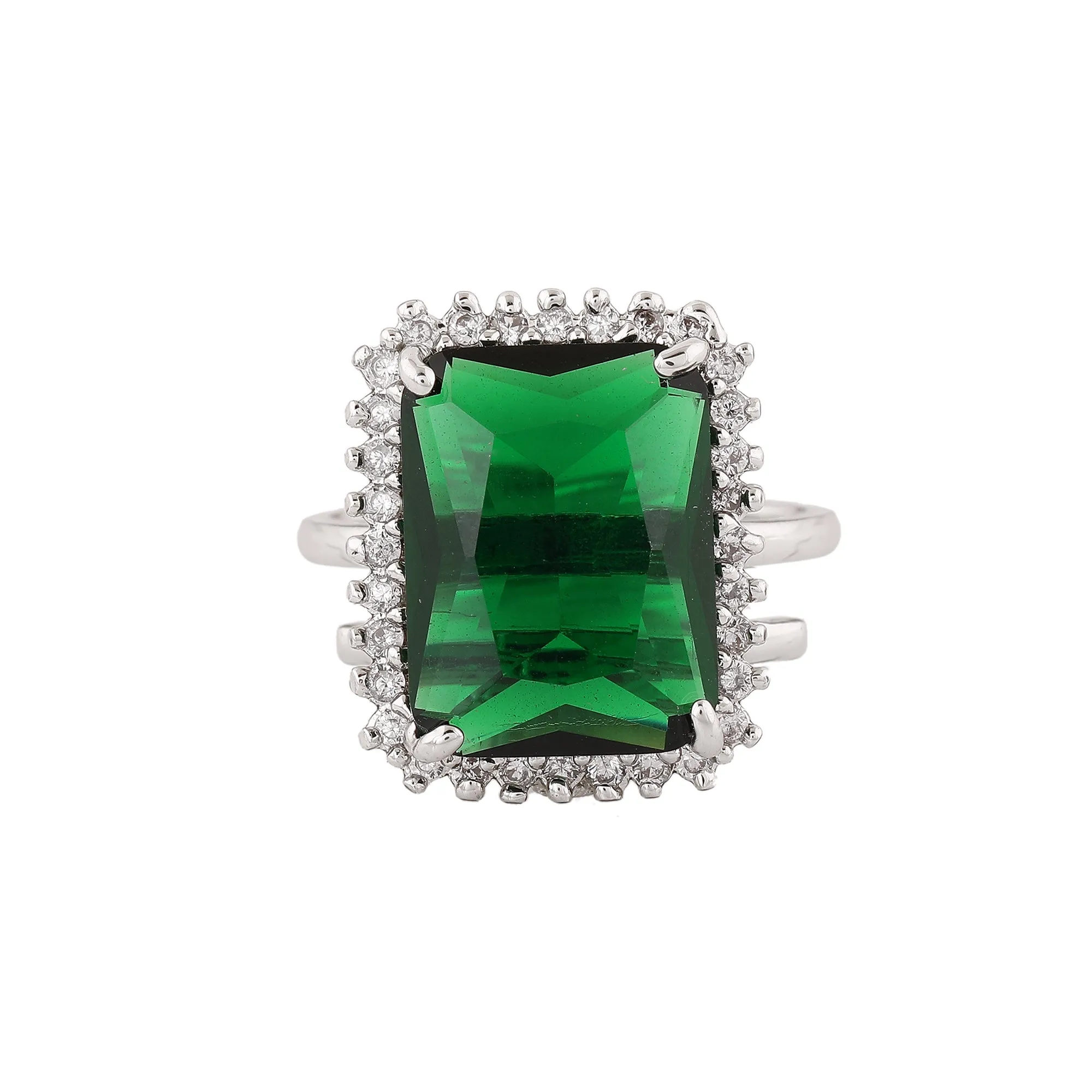 Estele Rhodium Plated CZ Radiant Emerald/ Green Finger Ring for Women(Adjustable)