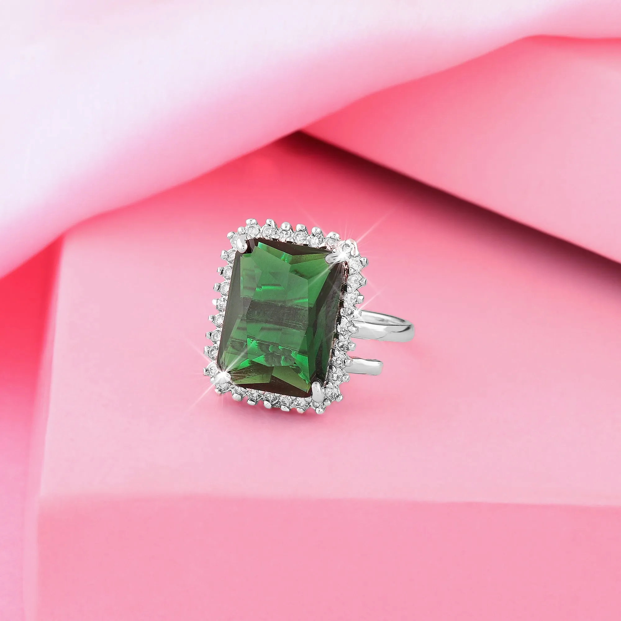 Estele Rhodium Plated CZ Radiant Emerald/ Green Finger Ring for Women(Adjustable)