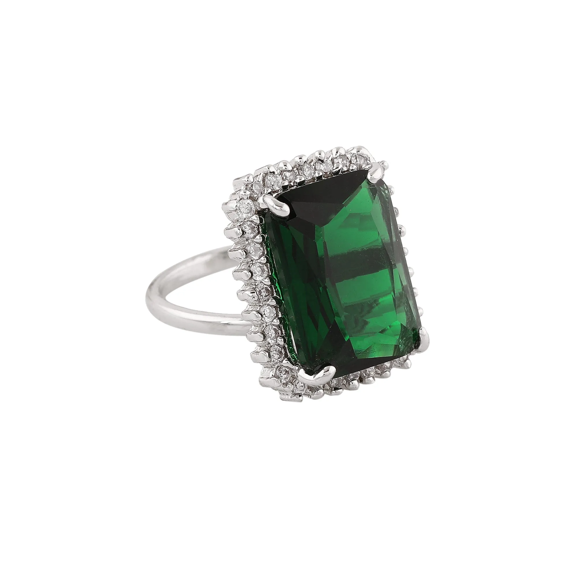 Estele Rhodium Plated CZ Radiant Emerald/ Green Finger Ring for Women(Adjustable)