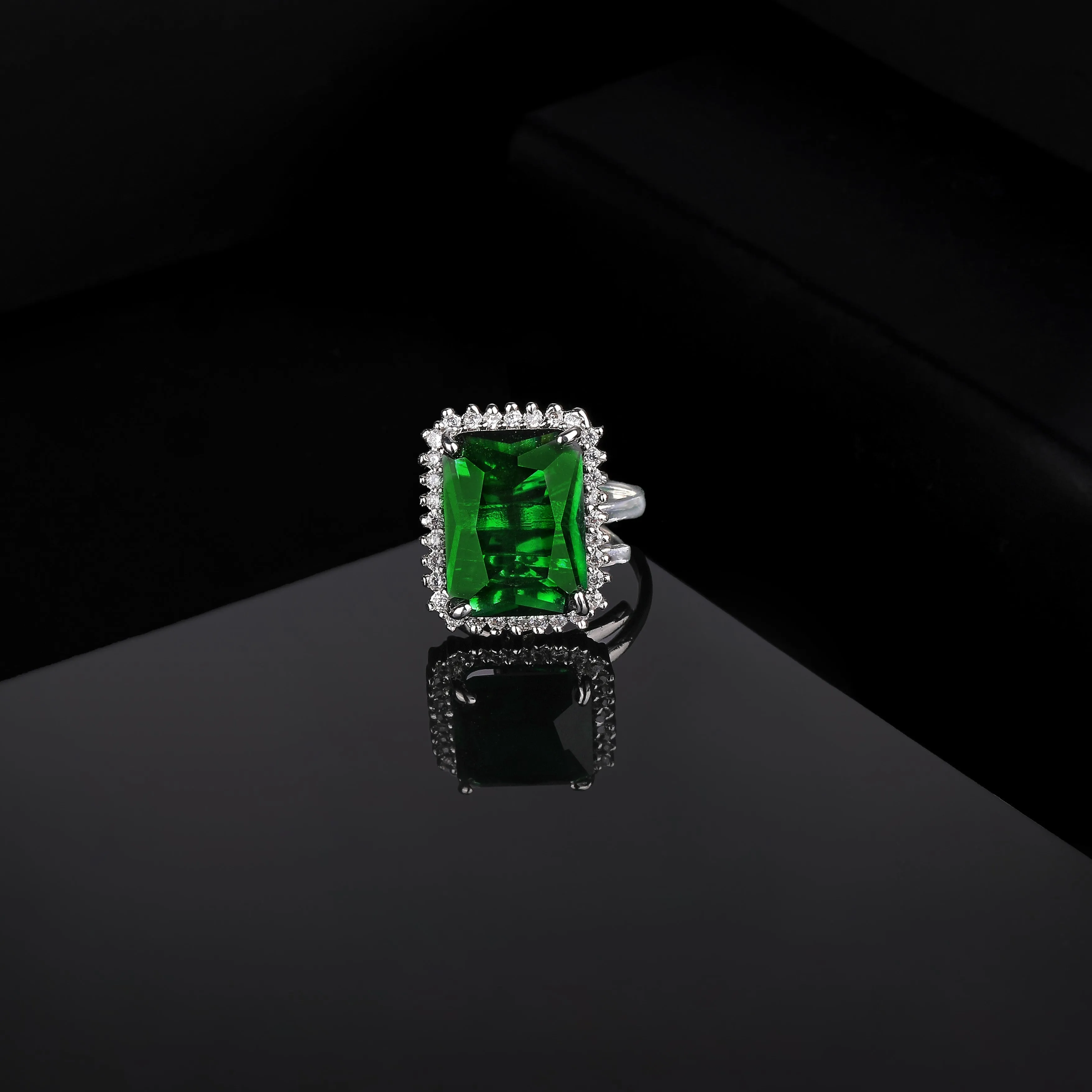 Estele Rhodium Plated CZ Radiant Emerald/ Green Finger Ring for Women(Adjustable)