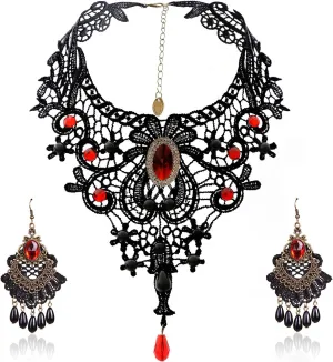 ETERNITY J. Elegant Vintage Black Lace Victorian Lolita Gothic Pendant Choker Necklace Earrings Set