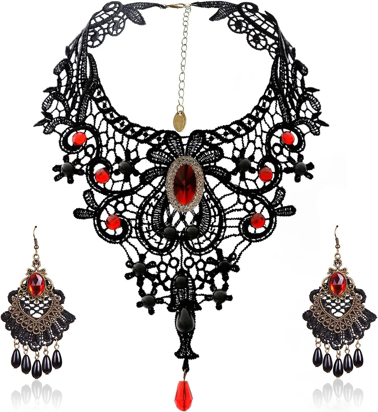 ETERNITY J. Elegant Vintage Black Lace Victorian Lolita Gothic Pendant Choker Necklace Earrings Set