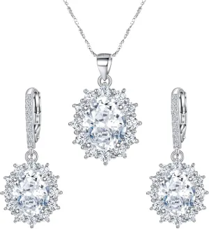 EVER FAITH 925 Sterling Silver CZ Elegant Flower Prong Setting Pendant Necklace Earrings Set