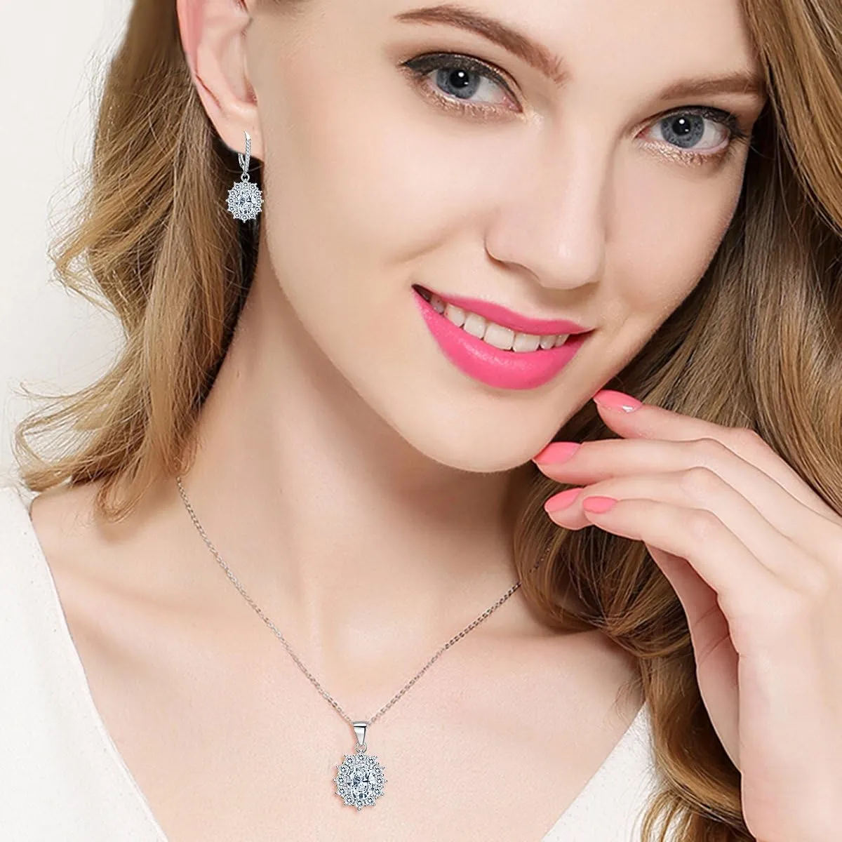 EVER FAITH 925 Sterling Silver CZ Elegant Flower Prong Setting Pendant Necklace Earrings Set