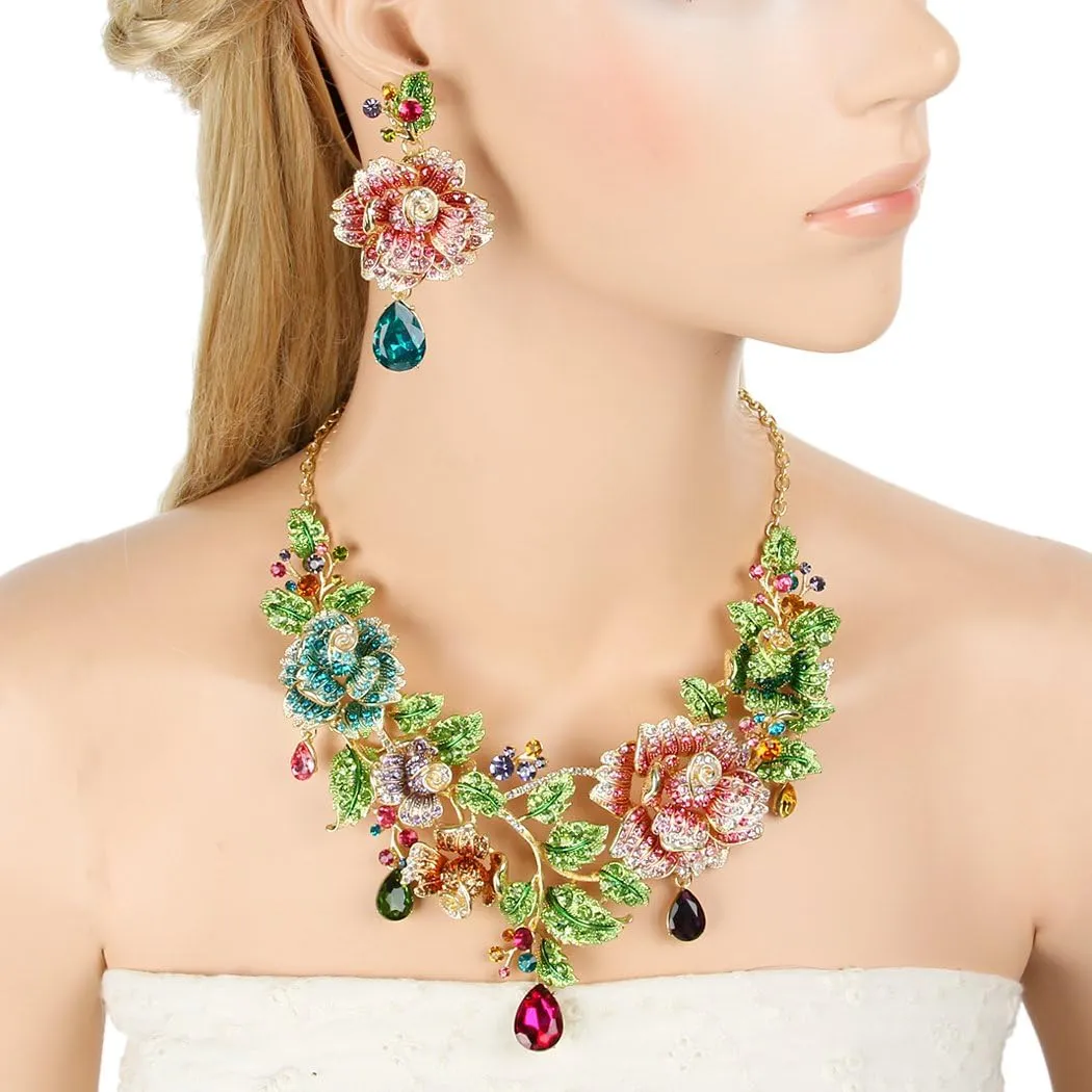 EVER FAITH Austrian Crystal Elegant Rose Flower Leaf Teardrop Neckalce Earrings Set