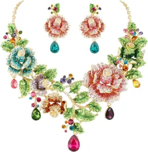 EVER FAITH Austrian Crystal Elegant Rose Flower Leaf Teardrop Neckalce Earrings Set