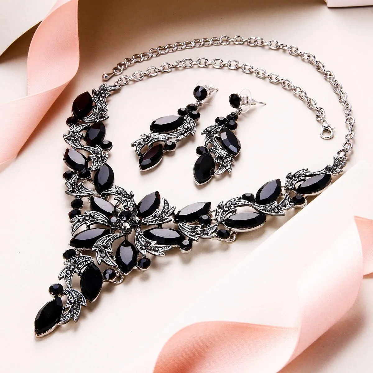 EVER FAITH Crystal Elegant Flower Leaf Necklace Earrings Set for Bride, Prom, Bridal