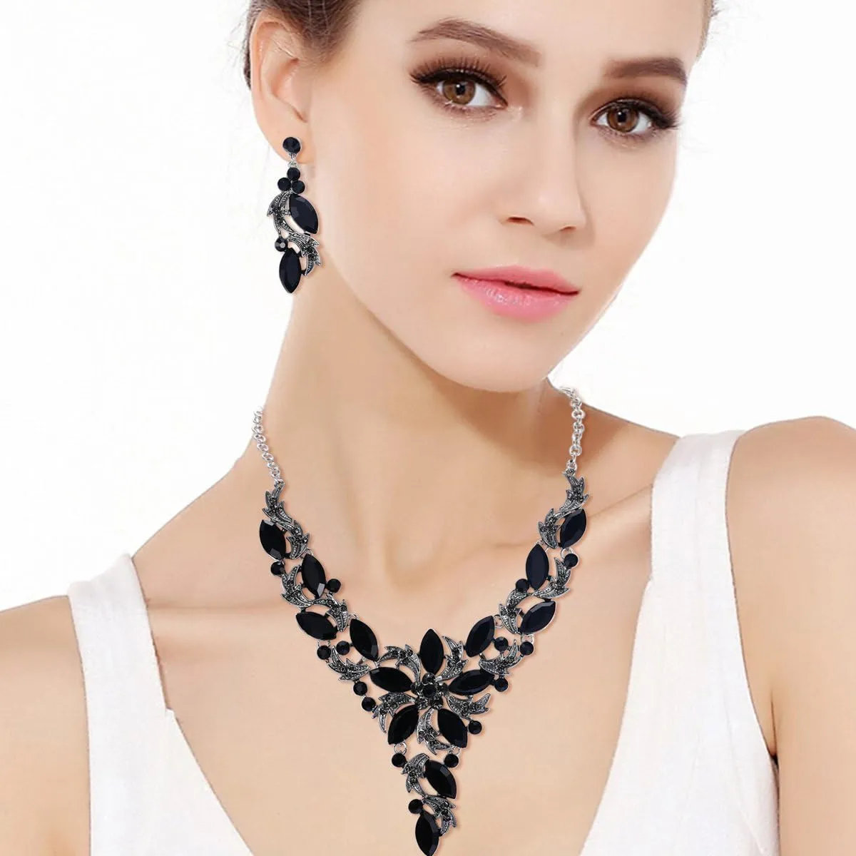 EVER FAITH Crystal Elegant Flower Leaf Necklace Earrings Set for Bride, Prom, Bridal