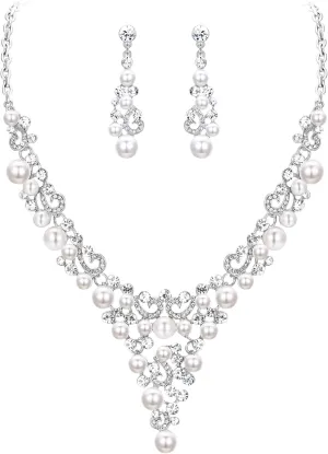 EVER FAITH Crystal Simulated Pearl Elegant Bride Hollow Wave Necklace Earrings Set Clear Silver-Tone