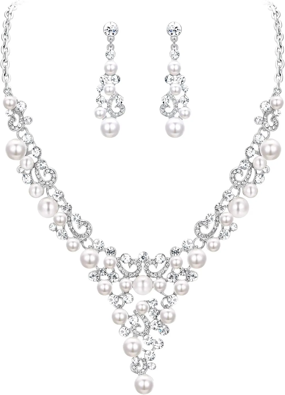 EVER FAITH Crystal Simulated Pearl Elegant Bride Hollow Wave Necklace Earrings Set Clear Silver-Tone
