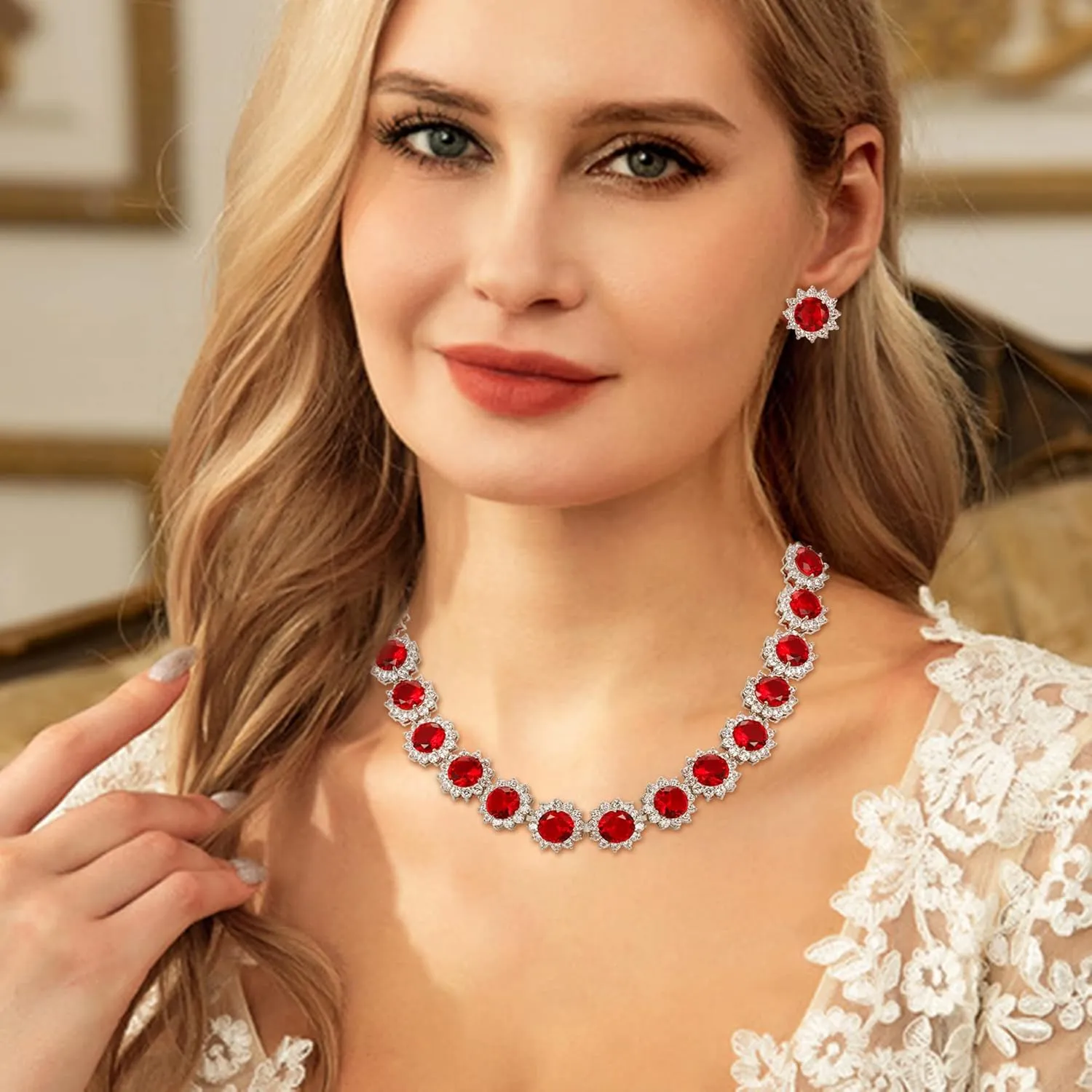 EVER FAITH Elegant Star Round Prong CZ Birthstone Necklace Earrings Set