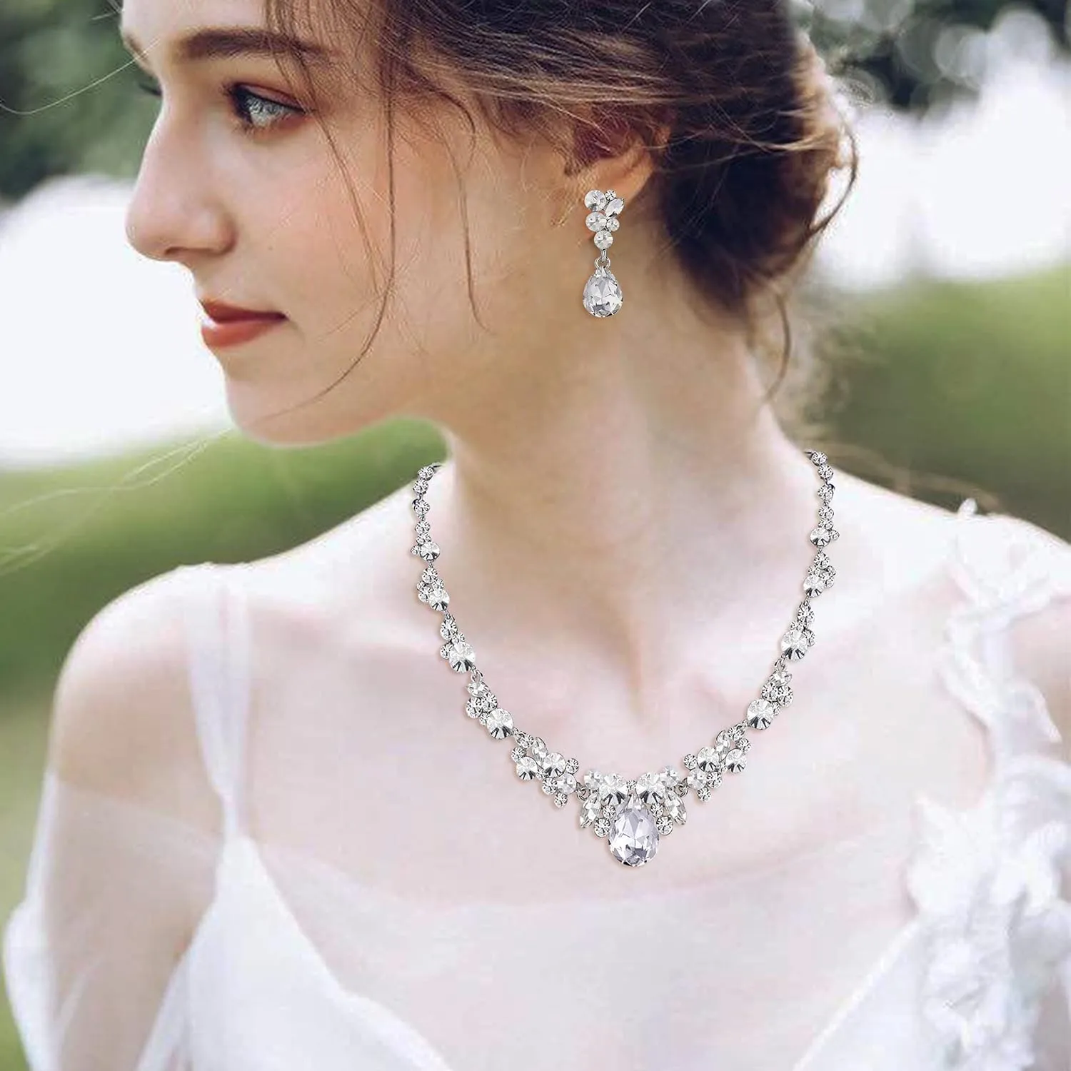 EVER FAITH Rhinestone Crystal Elegant Bridal Floral Teardrop Necklace Earrings Set