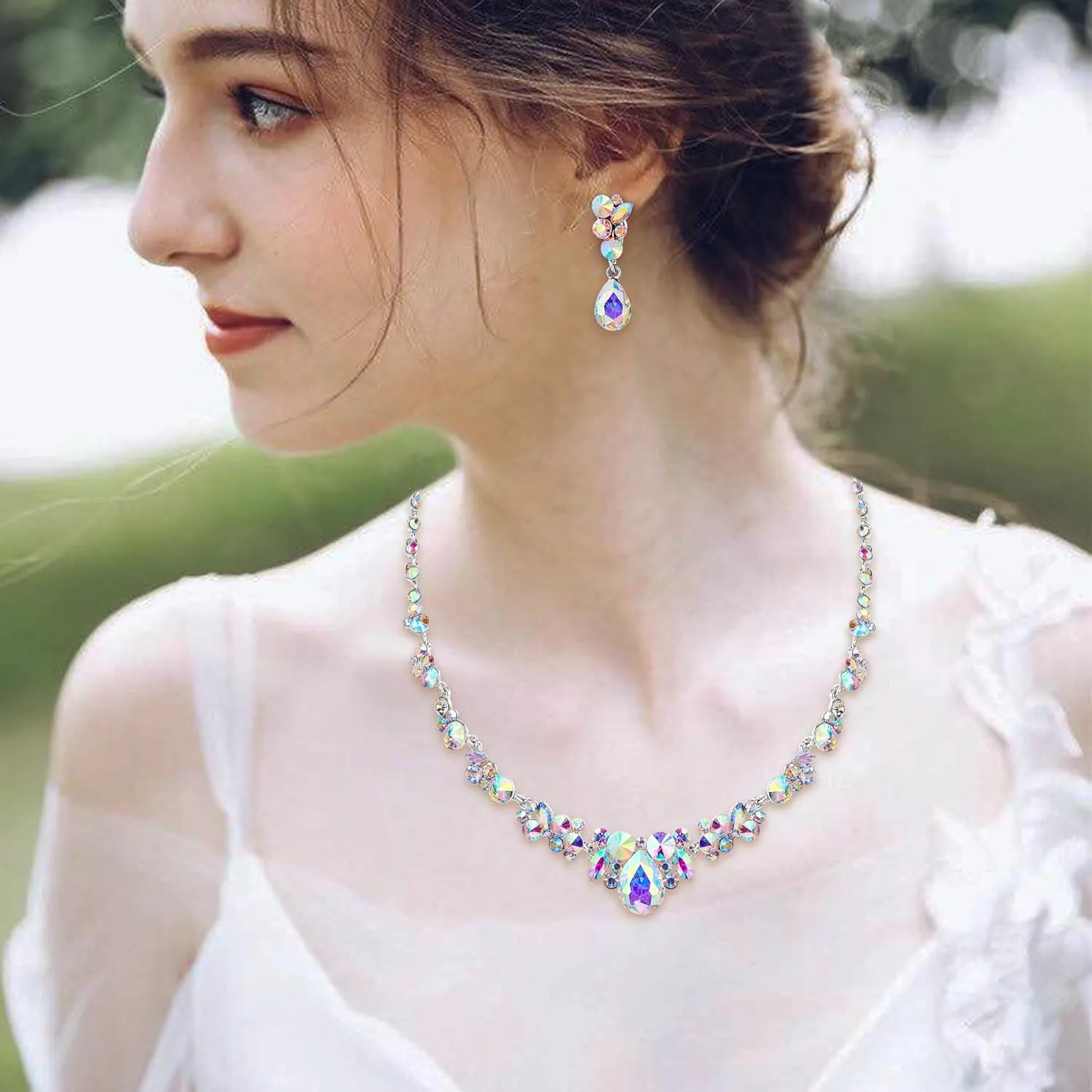 EVER FAITH Rhinestone Crystal Elegant Bridal Floral Teardrop Necklace Earrings Set