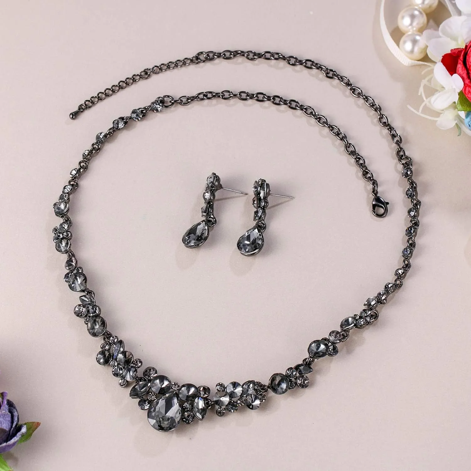 EVER FAITH Rhinestone Crystal Elegant Bridal Floral Teardrop Necklace Earrings Set