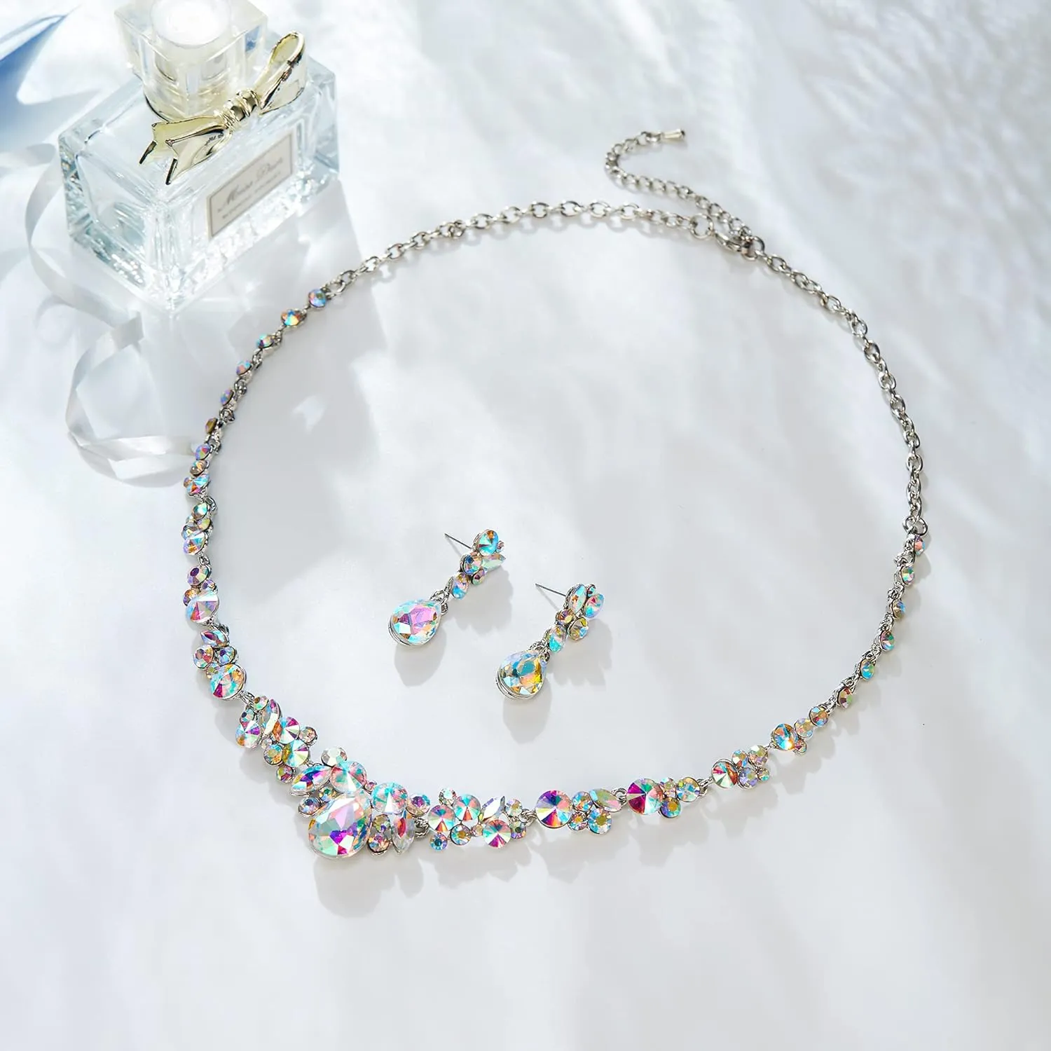 EVER FAITH Rhinestone Crystal Elegant Bridal Floral Teardrop Necklace Earrings Set