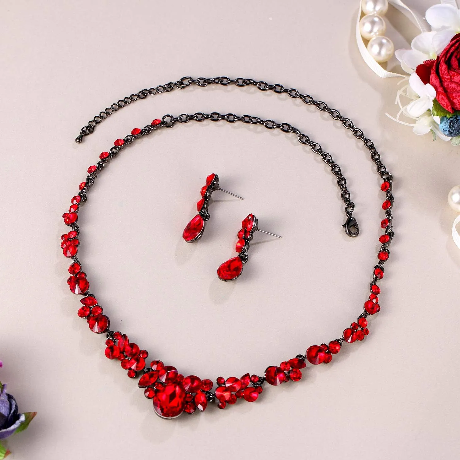 EVER FAITH Rhinestone Crystal Elegant Bridal Floral Teardrop Necklace Earrings Set