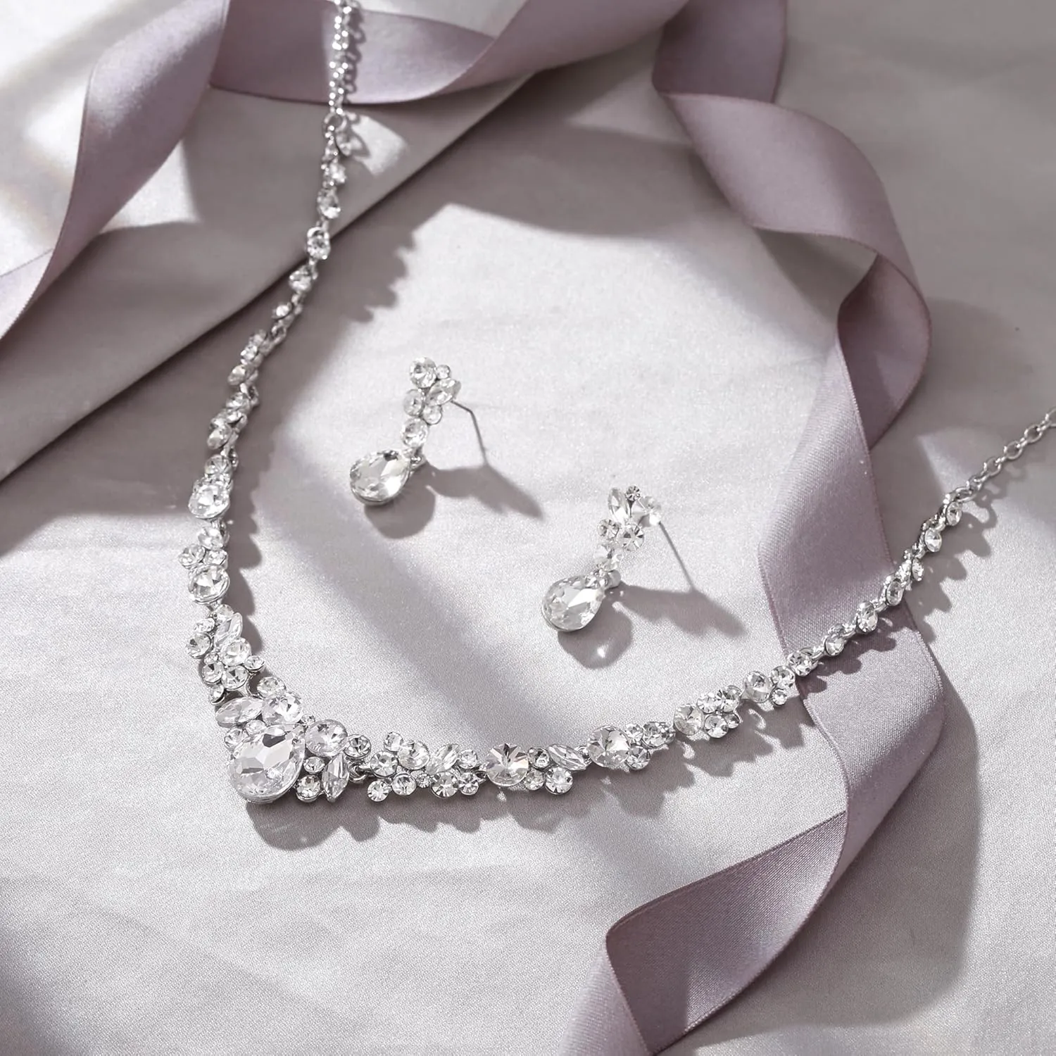 EVER FAITH Rhinestone Crystal Elegant Bridal Floral Teardrop Necklace Earrings Set