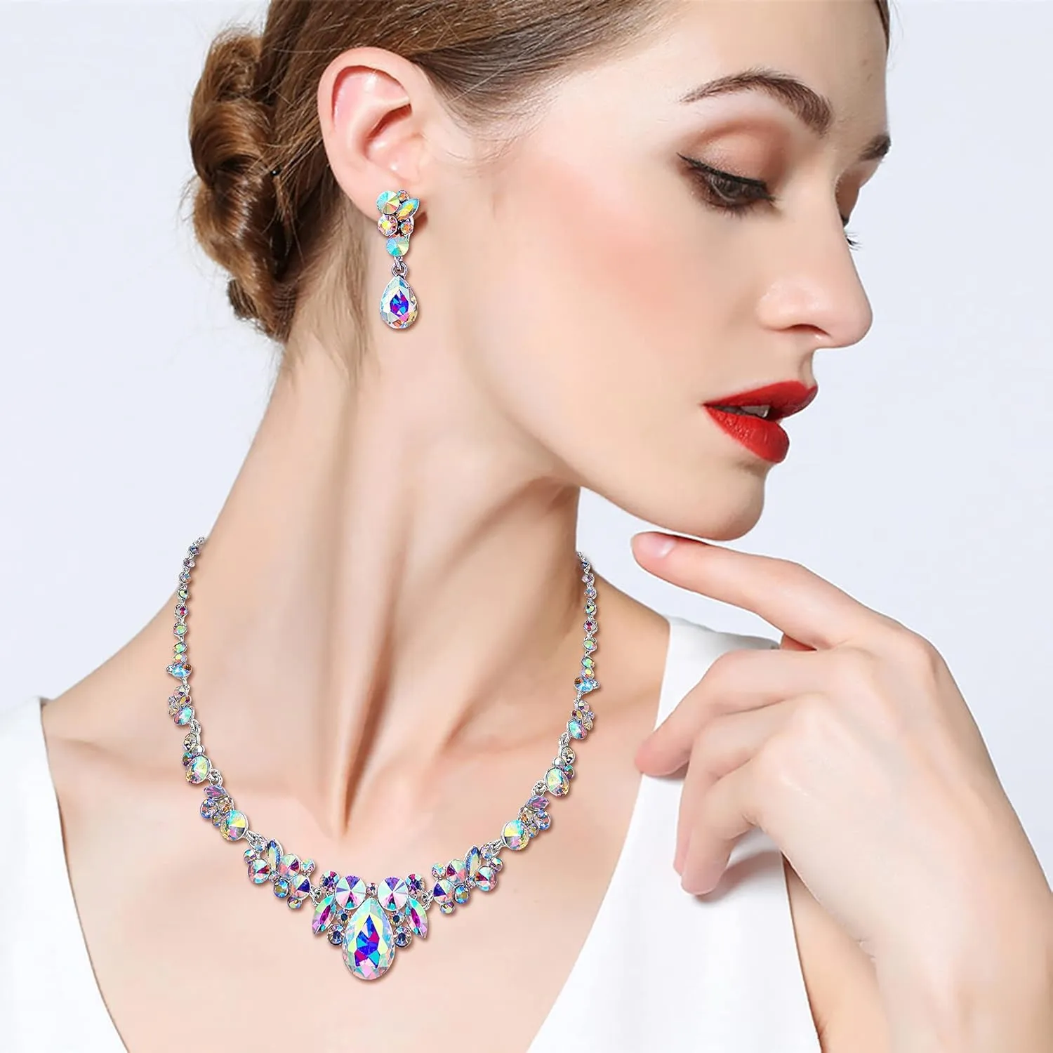EVER FAITH Rhinestone Crystal Elegant Bridal Floral Teardrop Necklace Earrings Set