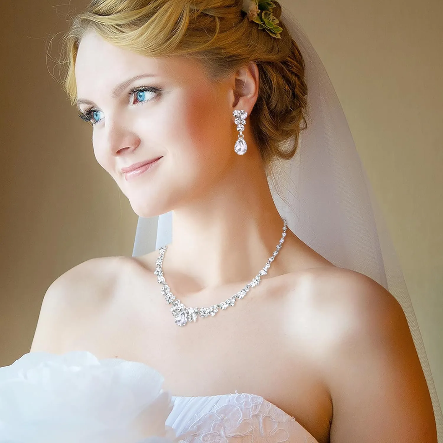 EVER FAITH Rhinestone Crystal Elegant Bridal Floral Teardrop Necklace Earrings Set