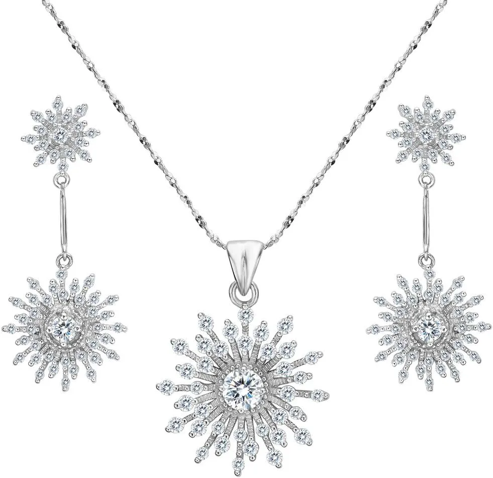 EVER FAITH Women's 925 Sterling Silver CZ Elegant Snowflake Necklace Earrings Set Clear