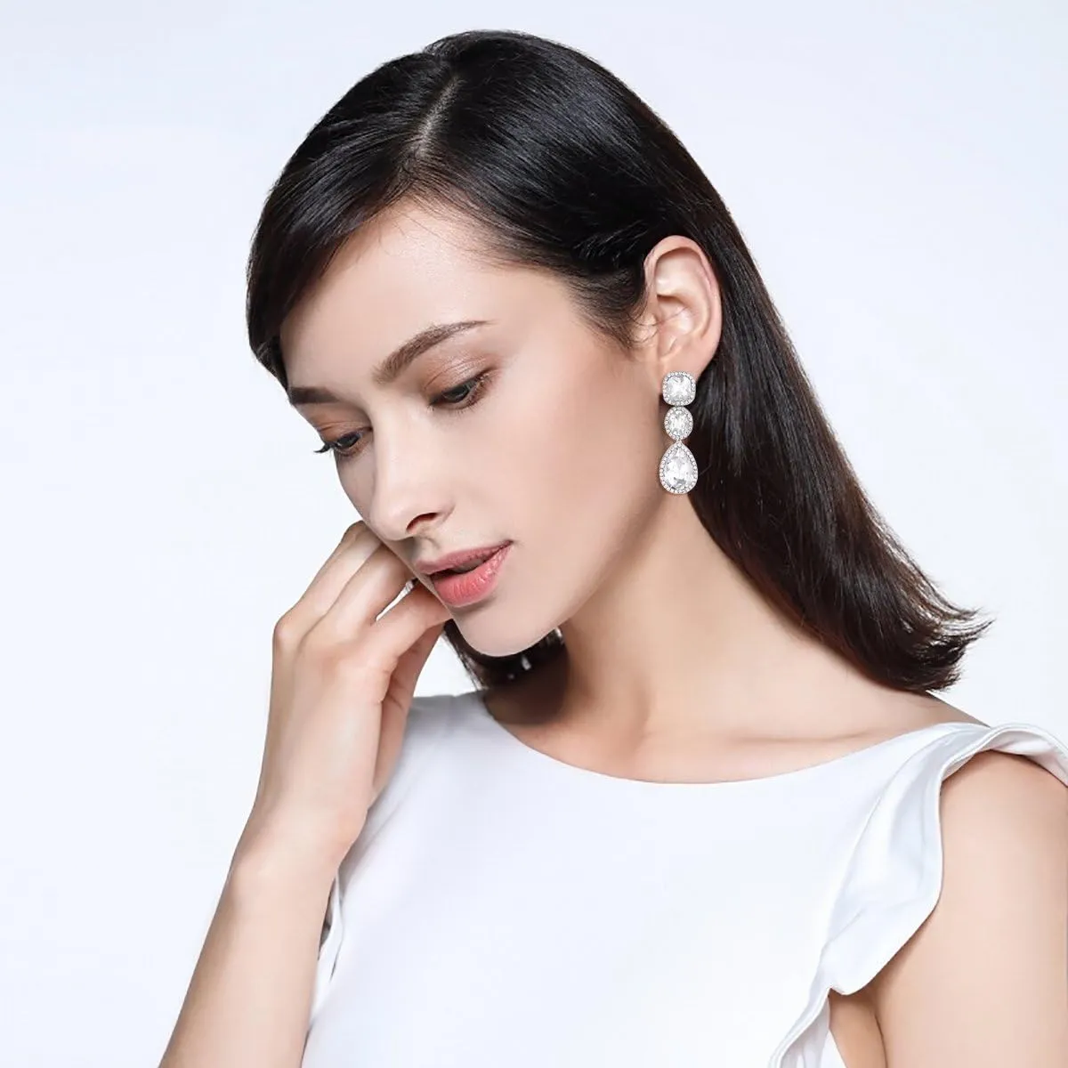 EVER FAITH Women's Austrian Crystal Elegant Bridal Square Oval-cut Teardrop Dangle Pierced Earrings