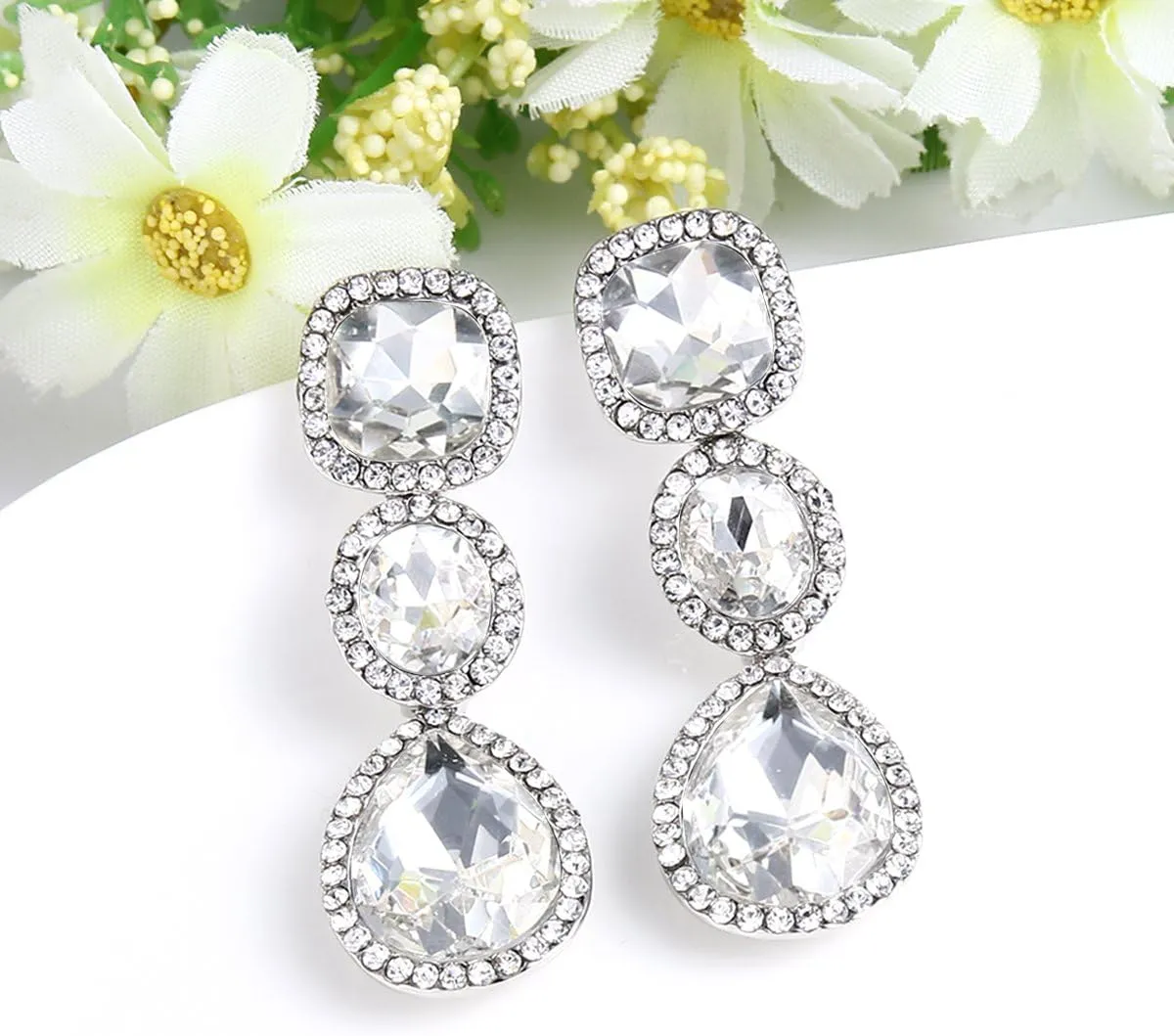 EVER FAITH Women's Austrian Crystal Elegant Bridal Square Oval-cut Teardrop Dangle Pierced Earrings