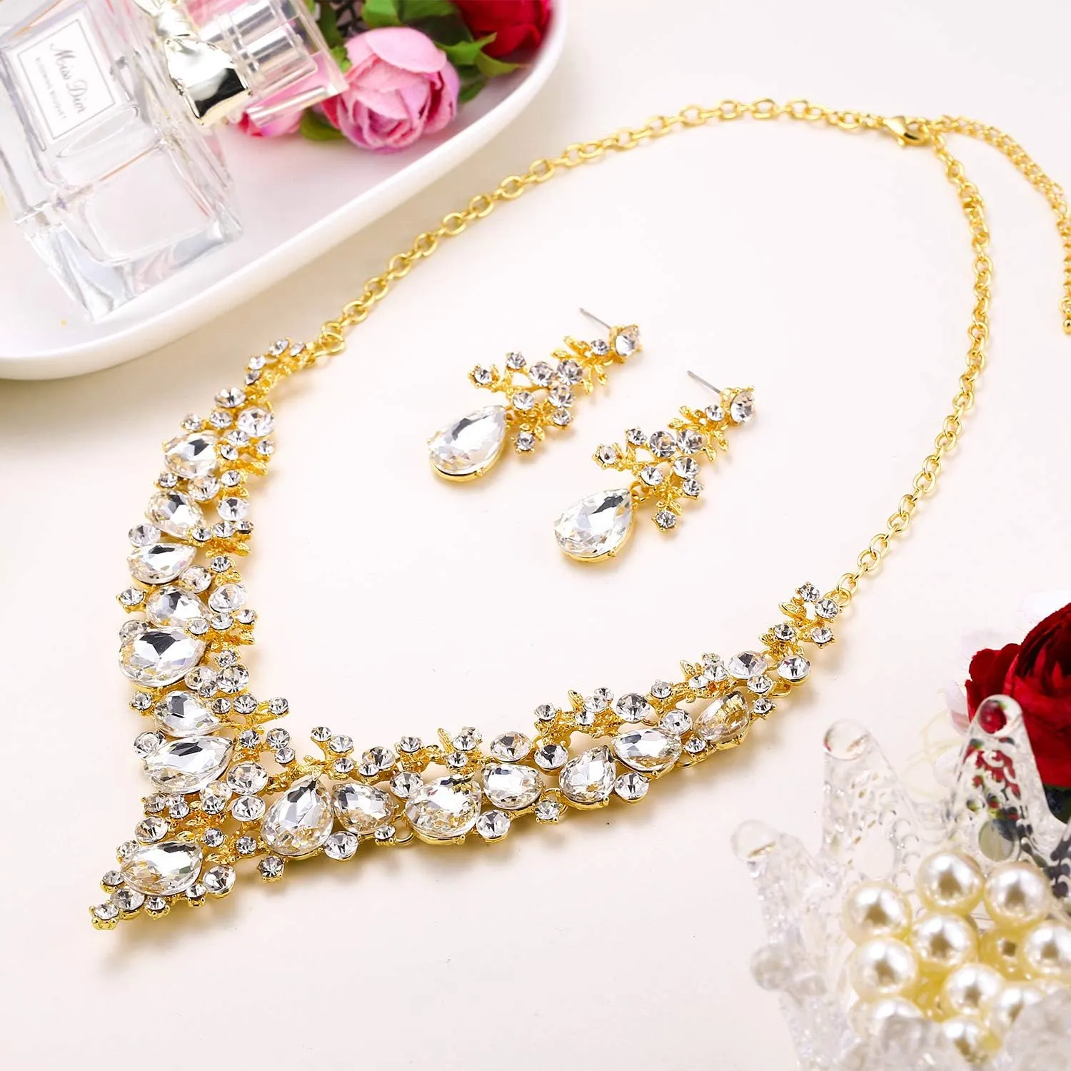 EVER FAITH Women's Crystal Elegant Bridal Floral Cluster Teardrop Statement Necklace Earrings Set