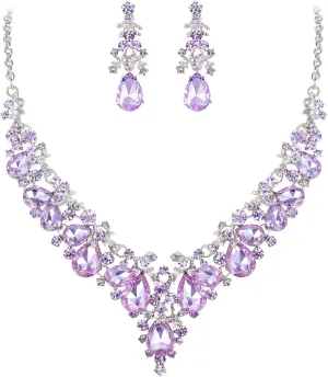 EVER FAITH Women's Crystal Elegant Bridal Floral Cluster Teardrop Statement Necklace Earrings Set