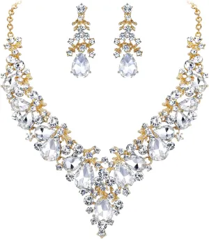 EVER FAITH Women's Crystal Elegant Bridal Floral Cluster Teardrop Statement Necklace Earrings Set