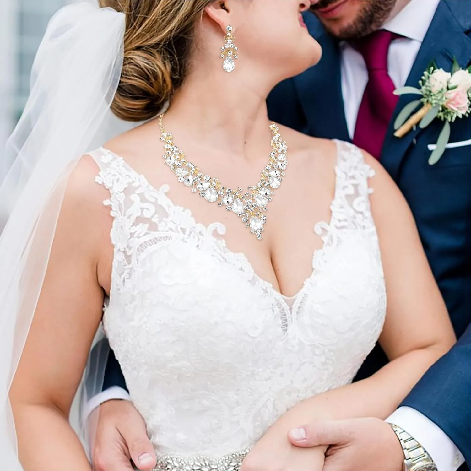 EVER FAITH Women's Crystal Elegant Bridal Floral Cluster Teardrop Statement Necklace Earrings Set