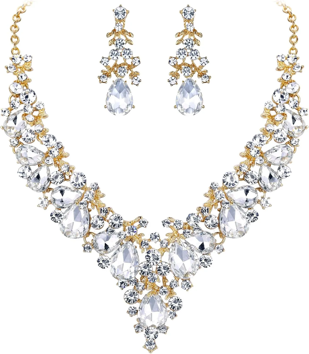 EVER FAITH Women's Crystal Elegant Bridal Floral Cluster Teardrop Statement Necklace Earrings Set