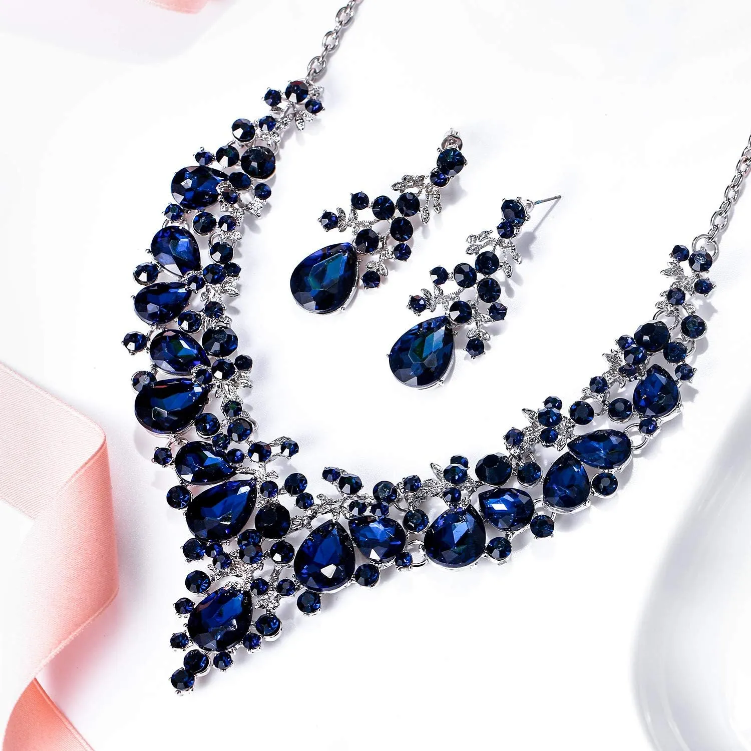 EVER FAITH Women's Crystal Elegant Bridal Floral Cluster Teardrop Statement Necklace Earrings Set