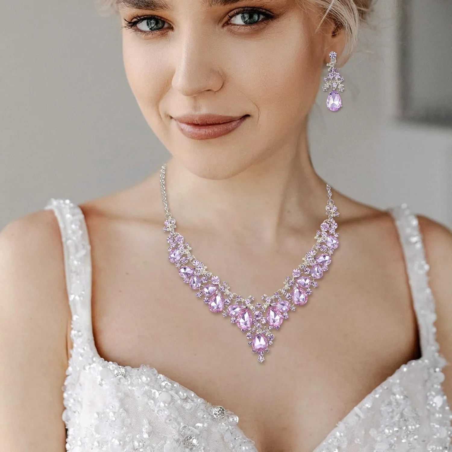 EVER FAITH Women's Crystal Elegant Bridal Floral Cluster Teardrop Statement Necklace Earrings Set