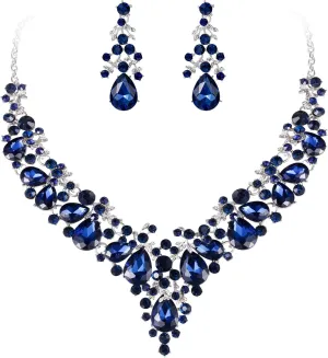 EVER FAITH Women's Crystal Elegant Bridal Floral Cluster Teardrop Statement Necklace Earrings Set