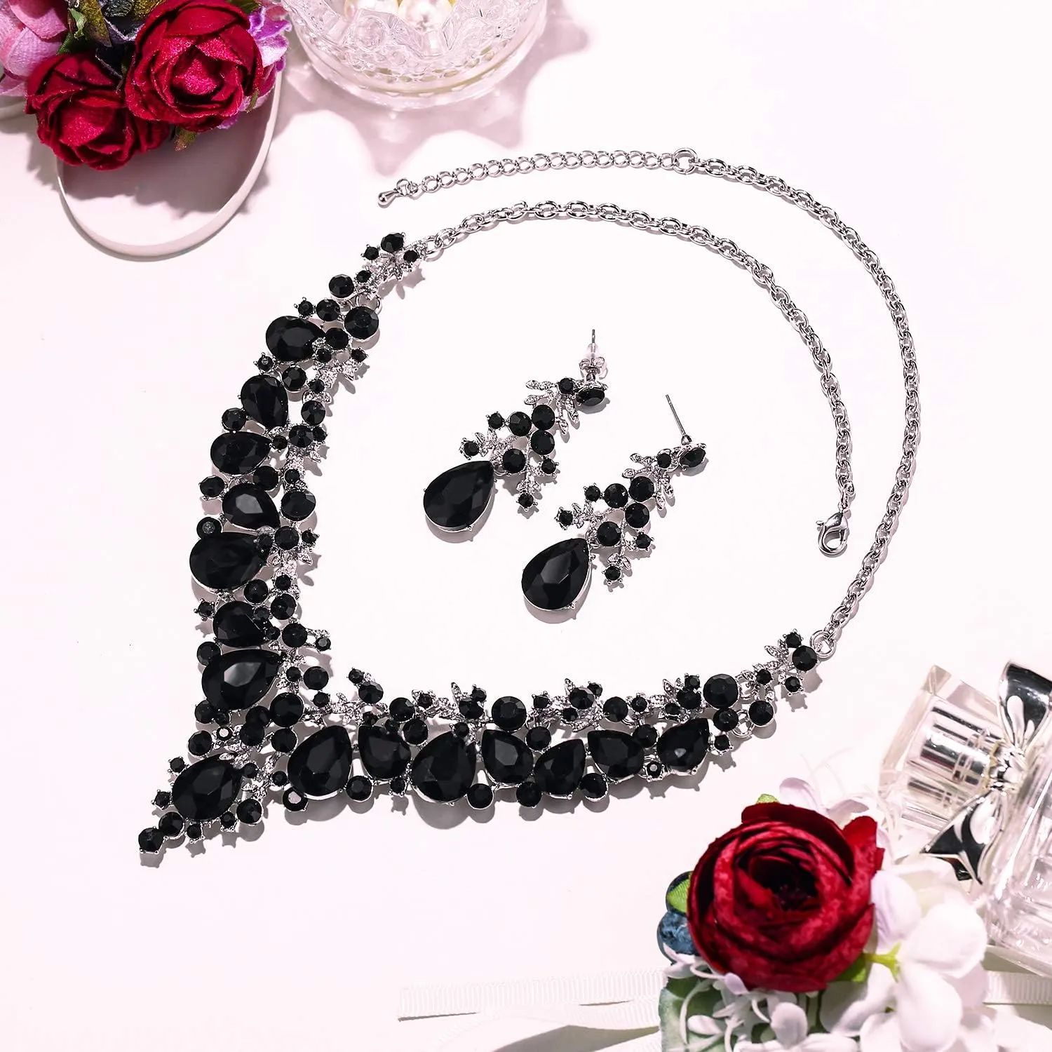 EVER FAITH Women's Crystal Elegant Bridal Floral Cluster Teardrop Statement Necklace Earrings Set