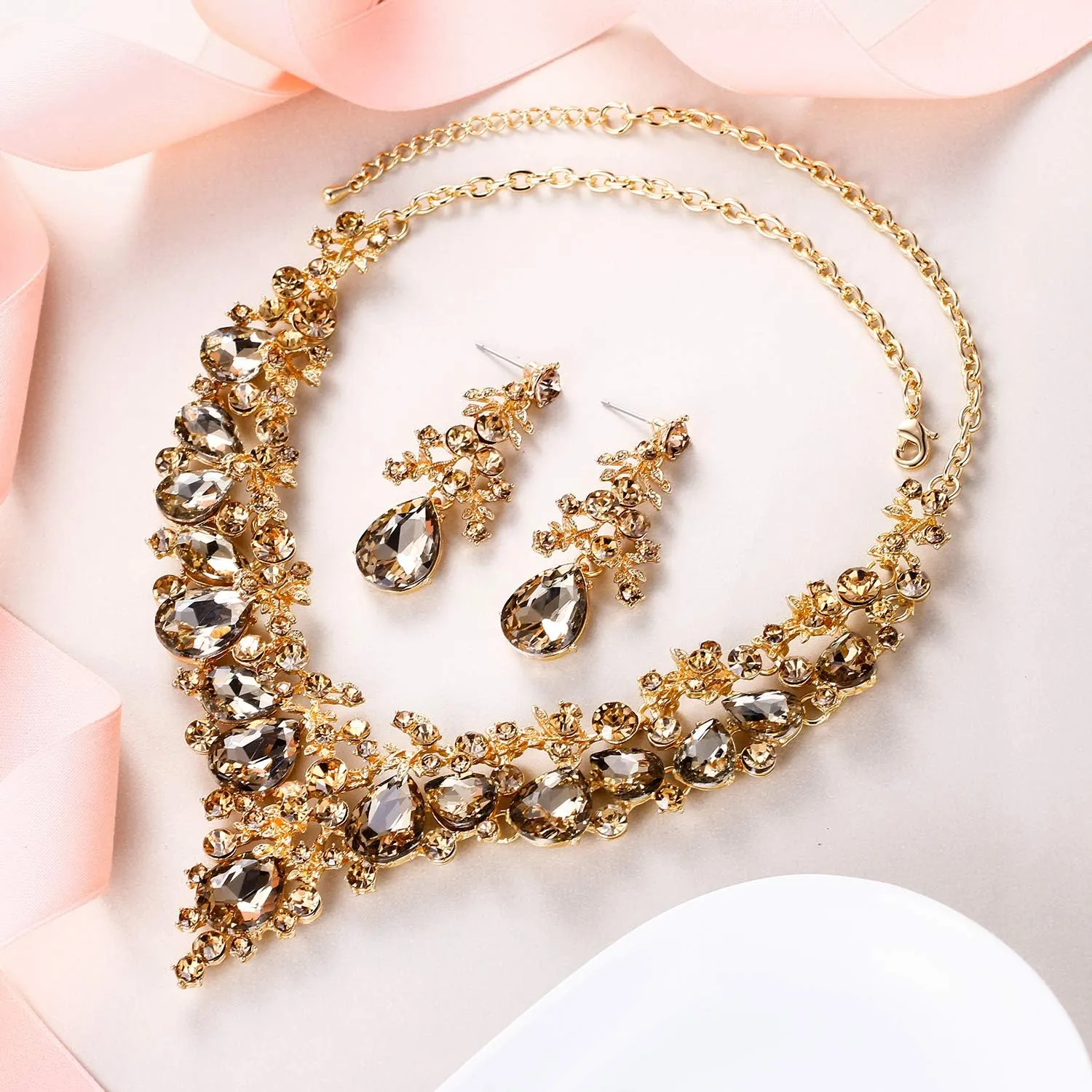 EVER FAITH Women's Crystal Elegant Bridal Floral Cluster Teardrop Statement Necklace Earrings Set