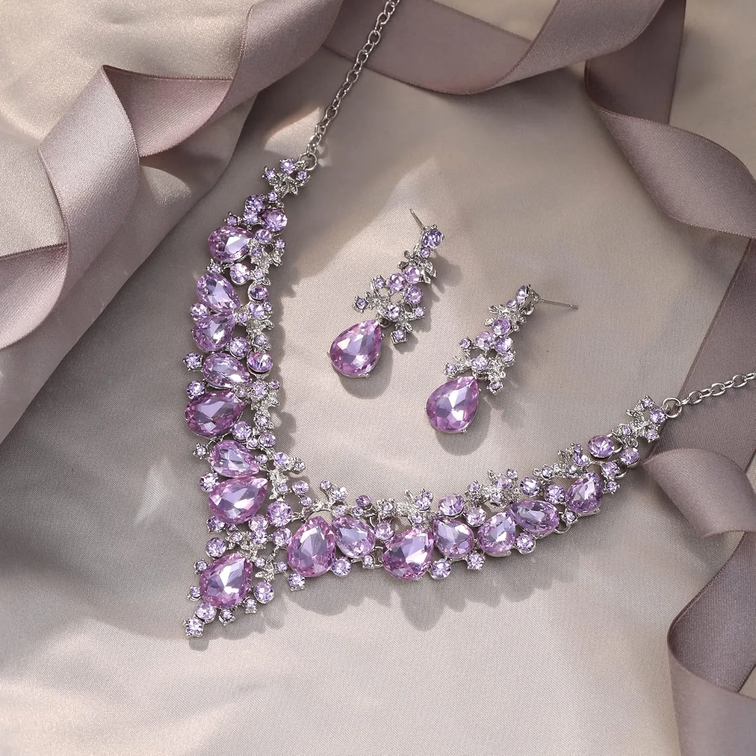 EVER FAITH Women's Crystal Elegant Bridal Floral Cluster Teardrop Statement Necklace Earrings Set