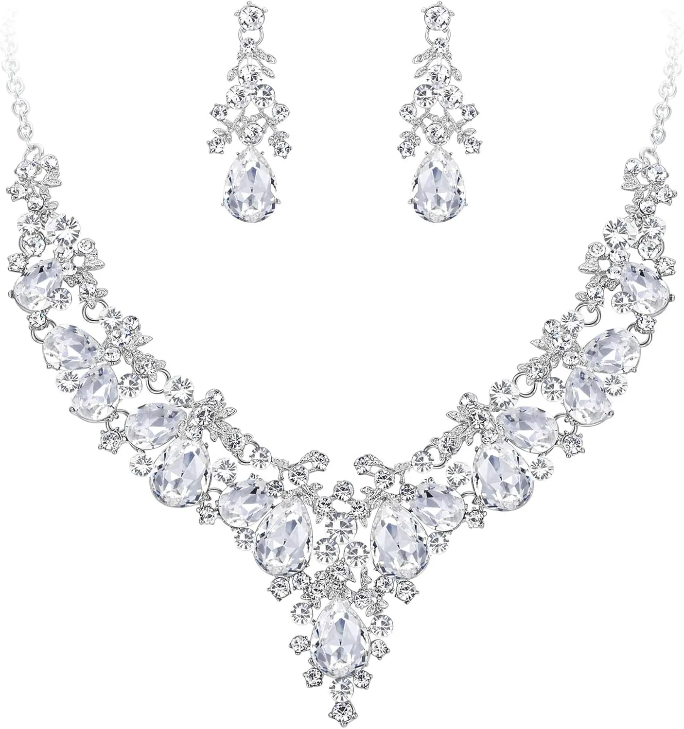 EVER FAITH Women's Crystal Elegant Bridal Floral Cluster Teardrop Statement Necklace Earrings Set