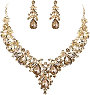 EVER FAITH Women's Crystal Elegant Bridal Floral Cluster Teardrop Statement Necklace Earrings Set