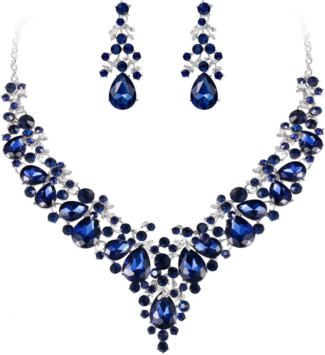 EVER FAITH Women's Crystal Elegant Bridal Floral Cluster Teardrop Statement Necklace Earrings Set